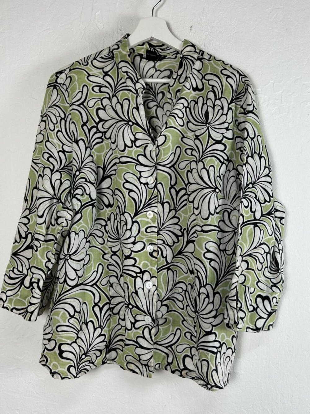 Carole Little Woman Linen Floral Print Button Down Shirt Top Size 1X Green Black